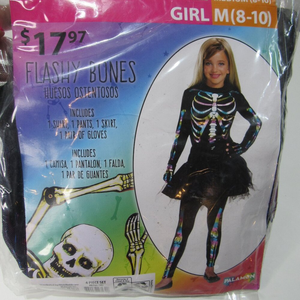 Halloween Skeleton Girls Tutu Flashy Bones Rainbow Skeleton Costume Med (8-10)